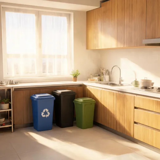 Trash and recycling bins staged in a kitchen layout