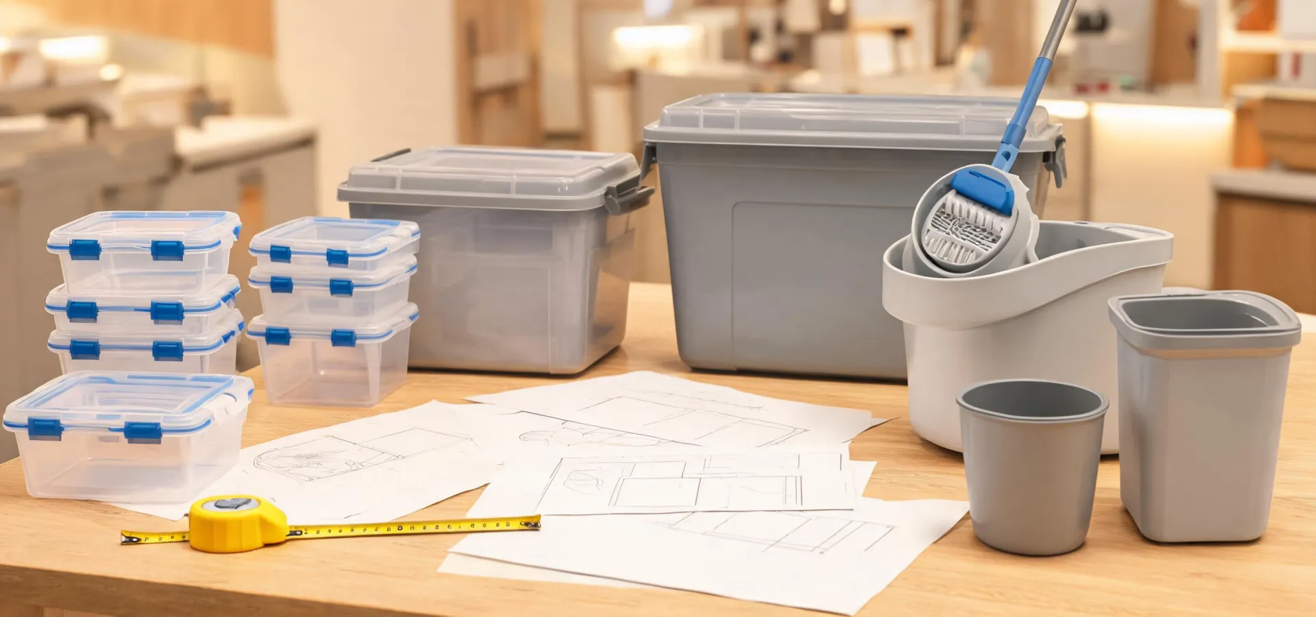 Rubbermaid buying guide table with containers, bins and cleaning tools
