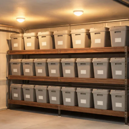 Lidded storage totes in a garage shelving system