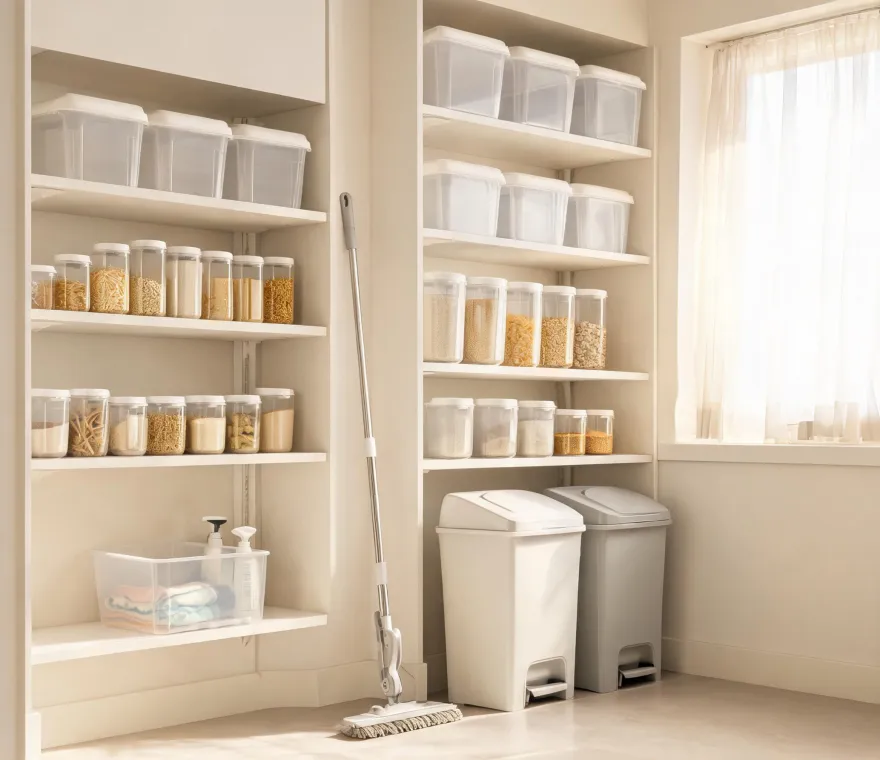 Rubbermaid storage bins and cleaning tools arranged in a bright utility room