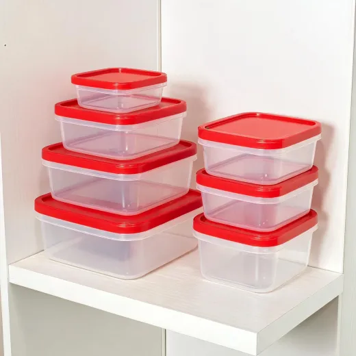 Clear pantry food storage containers stacked on a shelf