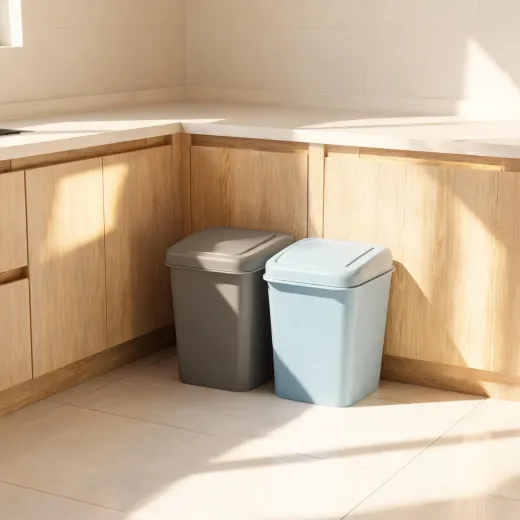 Step trash can and recycling bin in a tidy kitchen corner