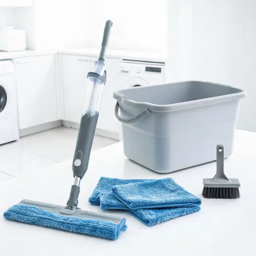 Spray mop and microfiber cleaning tools in a bright laundry room