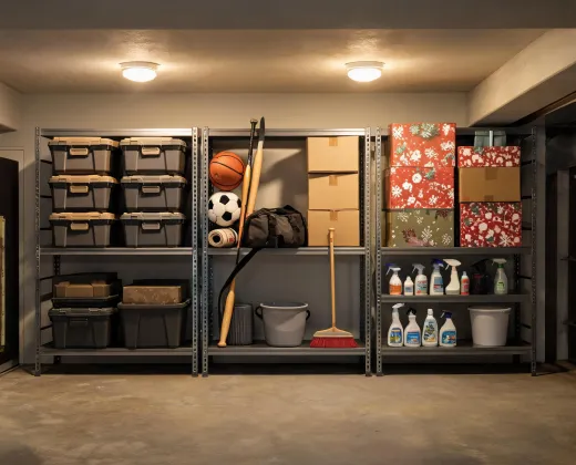 Garage and basement shelving with rugged storage totes