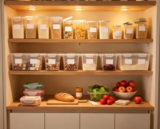 Family pantry and storage area with clear containers