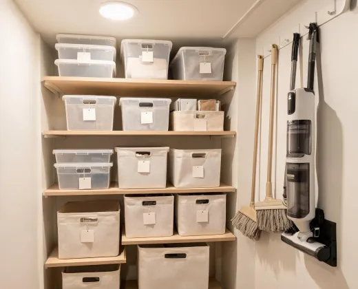 Small apartment closet with storage bins and cleaning tools