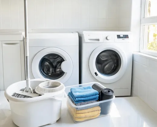 Rental home cleaning kit with mop bucket and microfiber supplies