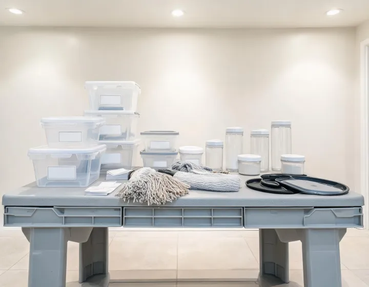 Rubbermaid planning table with storage bins and cleaning tools