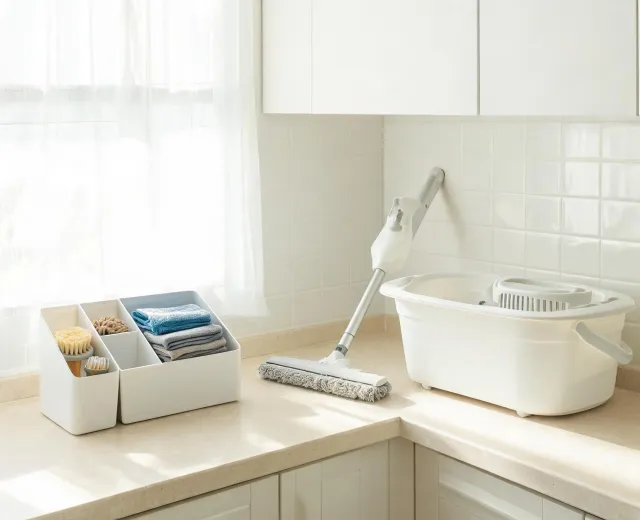 Laundry room cleaning station with mop bucket and microfiber cloths