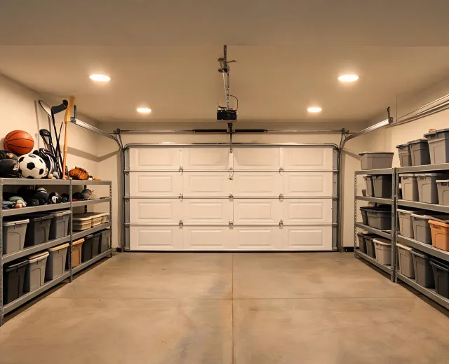 Garage shelves with Rubbermaid style totes sorted by activity